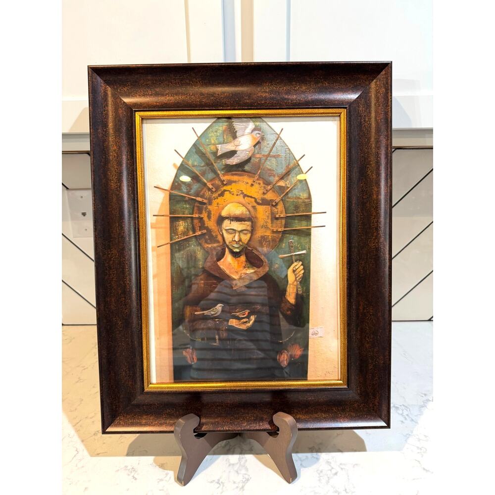 Abstract framed Saint Holy religious figure holding birds crucifix wall decor